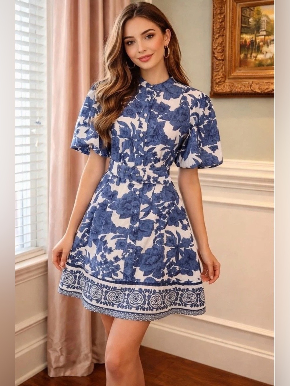 Joie Clemency Floral Puff Sleeve Belted Dress Blue Romantic Wedding Guest 12 - Picture 2 of 16